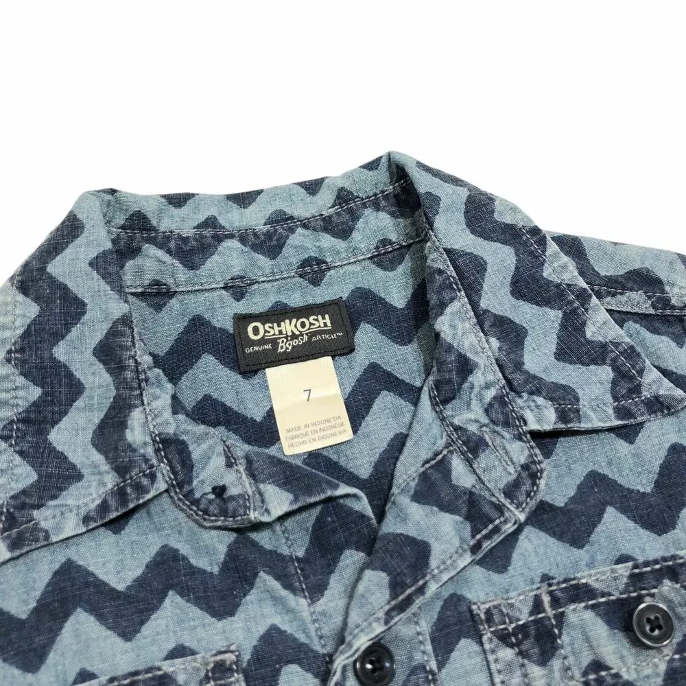 Oshkosh B'Gosh Blue Chevron Chambray Denim Long Sleeve Shirt Kids Boys 7